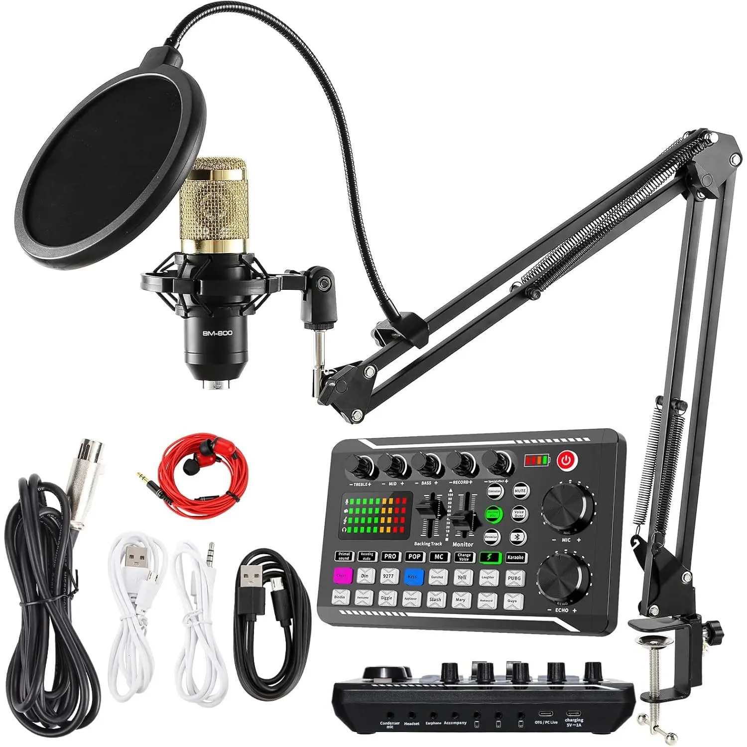 Affordable Budget Cardioid Podcast Equipment Bundle - Condenser Microphone, 3-Legged Base, 180° Adjustable Bracket, Professional Audio Mixer, 300g Sound Card, Data Cables, 3m Long Earbuds for Studio Vocal Recording, Streaming Broadcast, School, 300 Grams