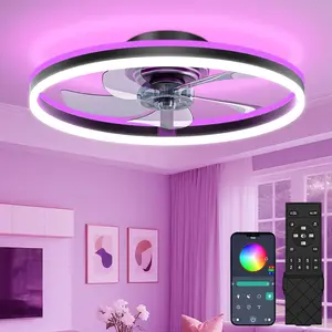 RGB Ceiling Fans with Lights and Remote, 20in Low Profile Ceiling Fans with Lights Flush Mount, 3000K-6500K Dimmable Fandelier LED Fan Light, Black Bladeless Ceiling Fans for Bedroom