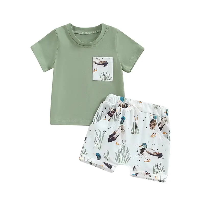 Baby Boys Summer Outfits 0-3Y Duck Print Short Sleeves T-Shirt and Elastic Shorts Set for 2 Piece Vacation Clothes Set Casual
