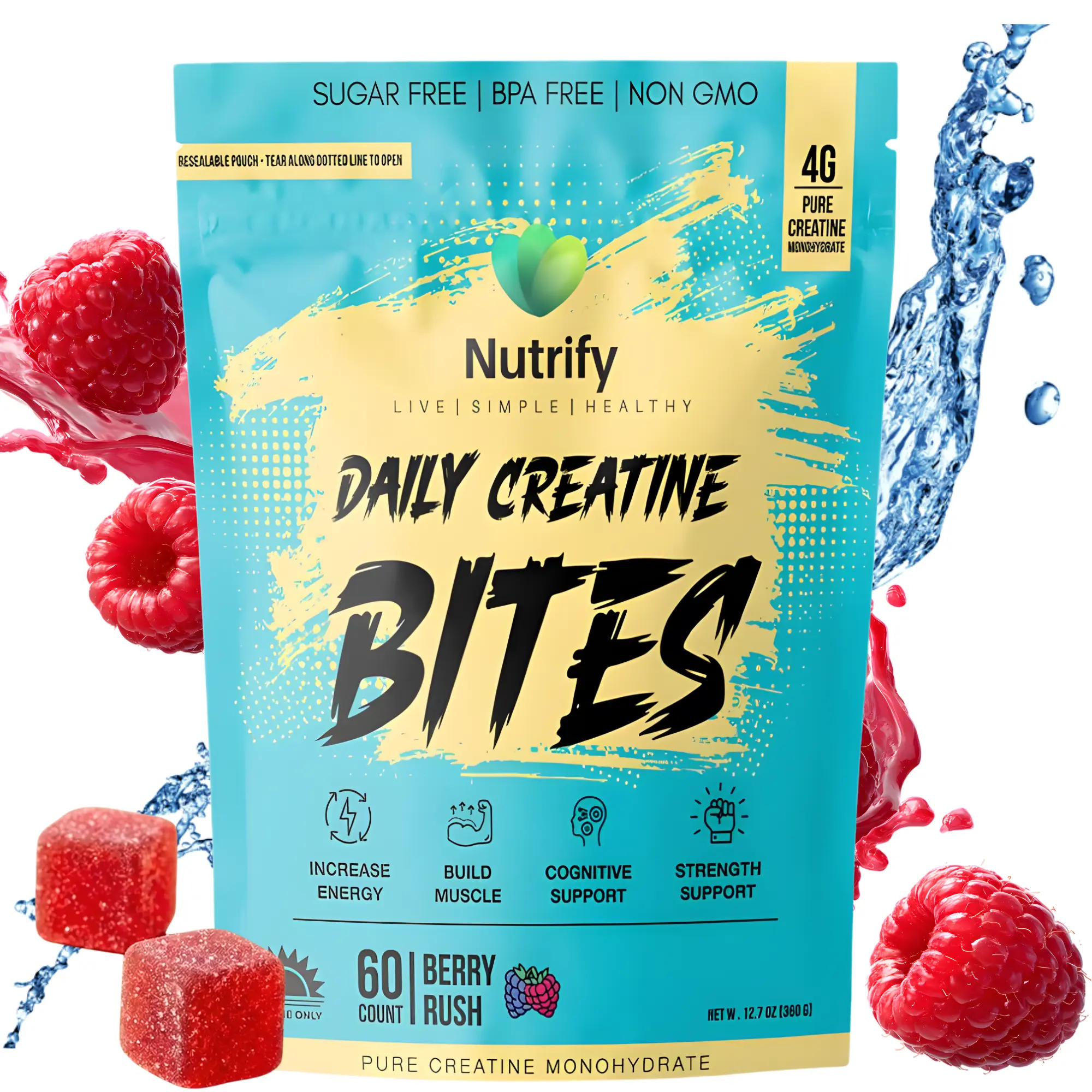 Nutrify Daily Creatine Bites Vegan Sugar-Free Blue Raspberry Gummies with Pure Creatine Monohydrate for Energy & Muscle Support 60 Count Natural Gummies