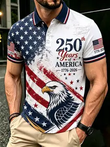 Men's 250th Anniversary American Flag Polo Shirt, Menswear, Patriotic Star-Spangled Pattern, Slim-Fit Short Sleeve Golf Top, Casual Wear