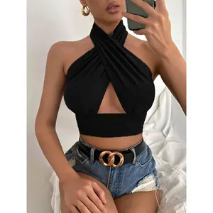 Women's Solid Color Backless Halter Crop Top, Hollow Out Cross Strap Sleeveless Tank Top for Summer Casual Wear