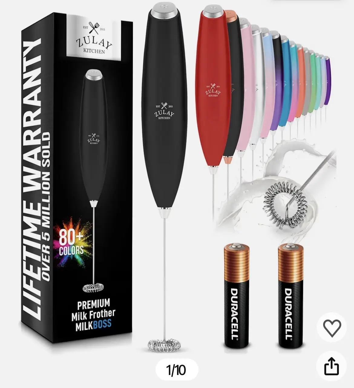 Powerful Milk Frother Wand with 2 Duracell Batteries - Ultra Fast , Silver Color