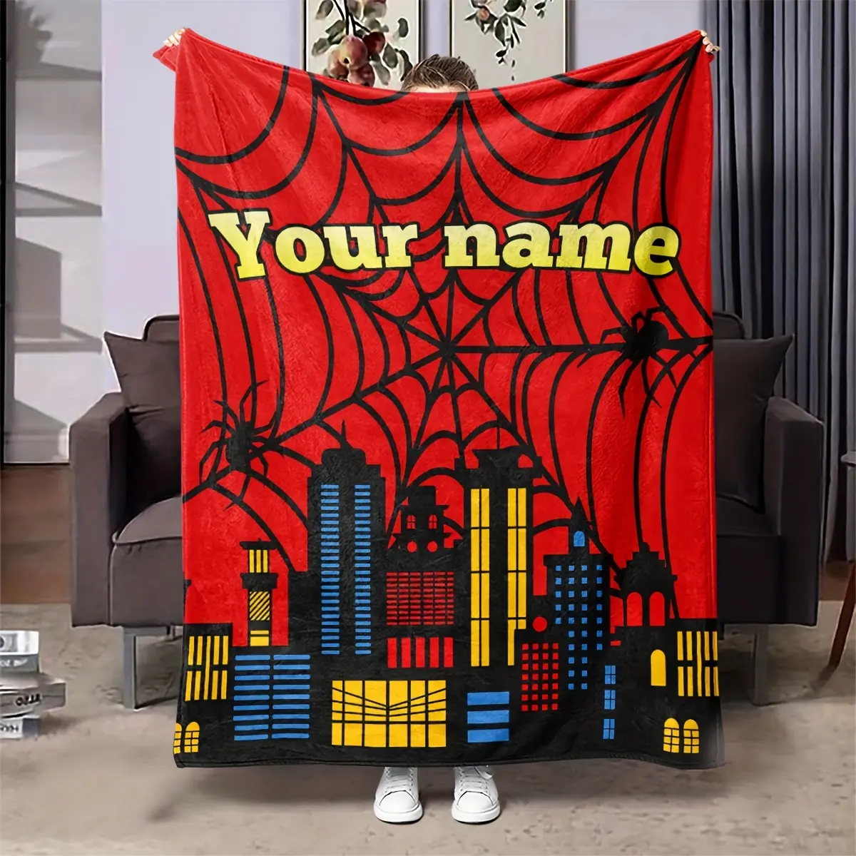 Personalized Spider Hero Throw Blanket, Custom Name Superhero City Web Themed Cozy Blanket, Soft Fluffy Lightweight Blanket for Kids, Anti-Pilling Washable Decorative Blanket