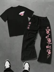 Men's Fashion Casual Two-Piece Set Outfit, Soft Comfortable Cherry Blossom Print Round Neck T-Shirt and Drawstring Wide Leg Pants