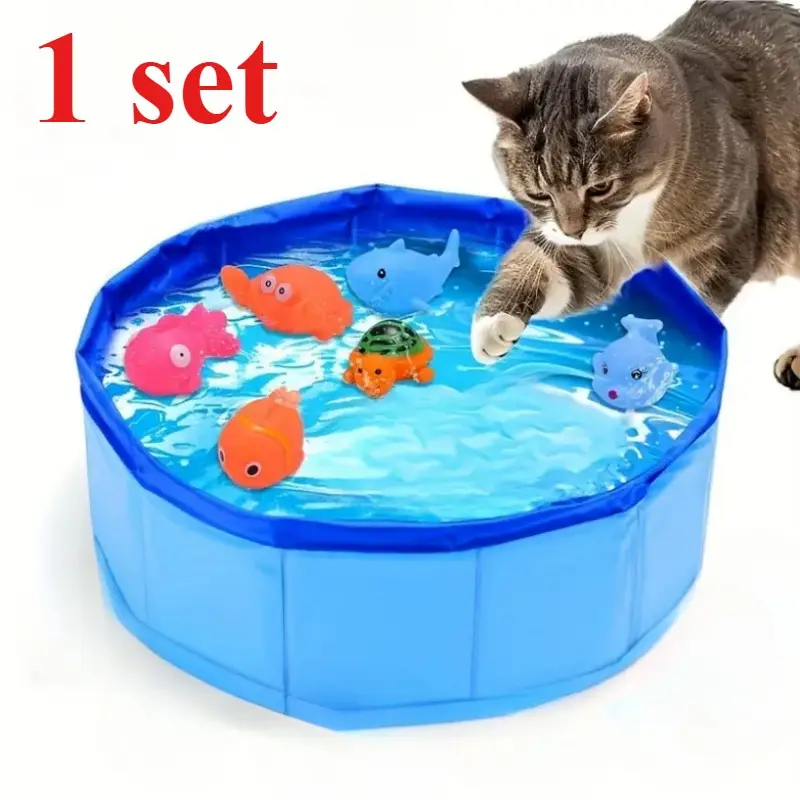1 set of cat swimming pool toys with floating fish, no need for batteries, pet toys, durable PE material, space saving and foldable design, indoor and