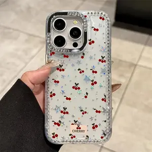 A Full-Screen Cherry Phone Case Featuring a Large Hole Rhinestone Frame with Stars, Designed for Iphone17 16 Pro Max, 15 Plus, 14, 12. This Protective Cover Makes a Great Gift for Christmas, New Year, Easter, And Halloween