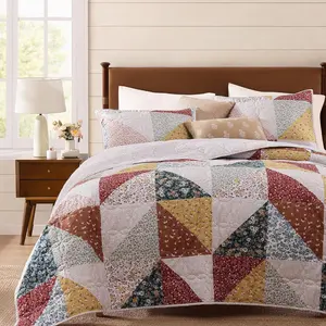 Quilt Set  Size, Patchwork Burnt Orange Floral Quilt Sets, Reversible Bedspread Lightweight and Breathable for  Seasons, Soft Quilted Bedspread with 2 Pillow Shams
