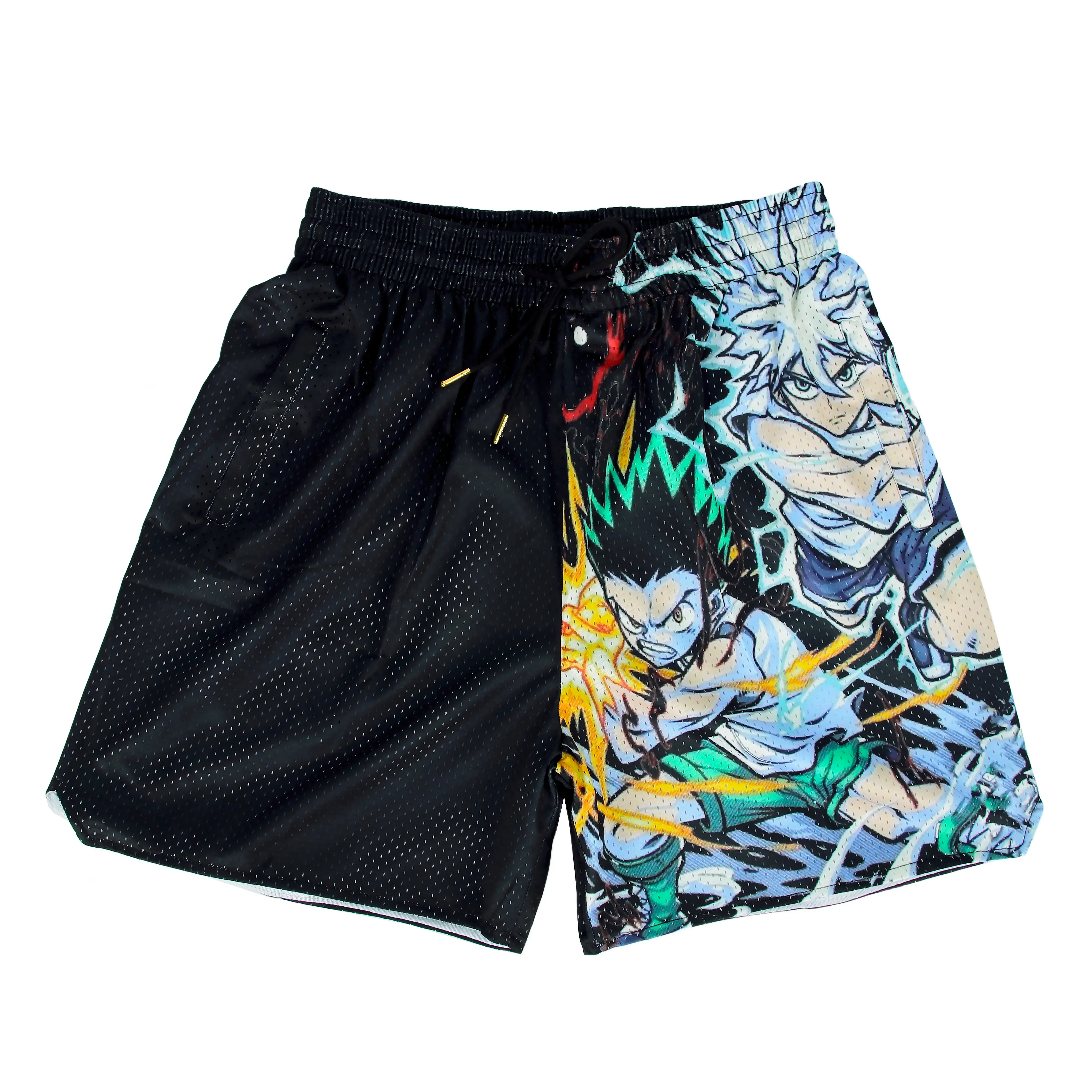 Hunter × Hunter Gon And Killua Anime Shorts Black Unisex Sports Double-Layered Inner Shorts Drawstring Design Men Women Mesh Basketball Shorts 4 Pockets 5.5 Inseam