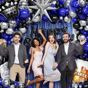 Happy Birthday Party Decorations Set, Blue and Black Happy Birthday Decorations for Men, Birthday Decor with Banner, Fringe Curtains, Foil Balloons, Balloon Kits for 21st, 25th 27th 30th 35th 40th 50th 60th Birthday Decorations, Home Decor