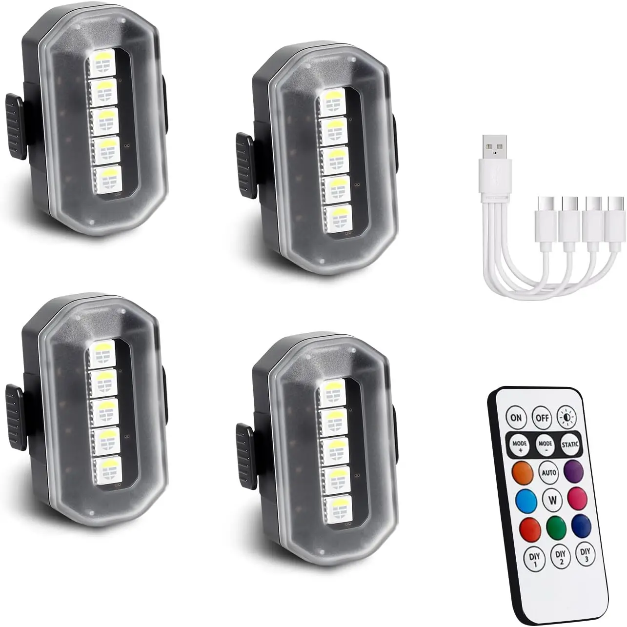 JUNMARS 4-Pack Wireless Strobe Car Lights, Rechargeable LED Warning Lights with Remote Control, IP67 Waterproof, USB-C Fast Charging, 8 Colors, 3 Brightness Levels for Motorcycle, Bike