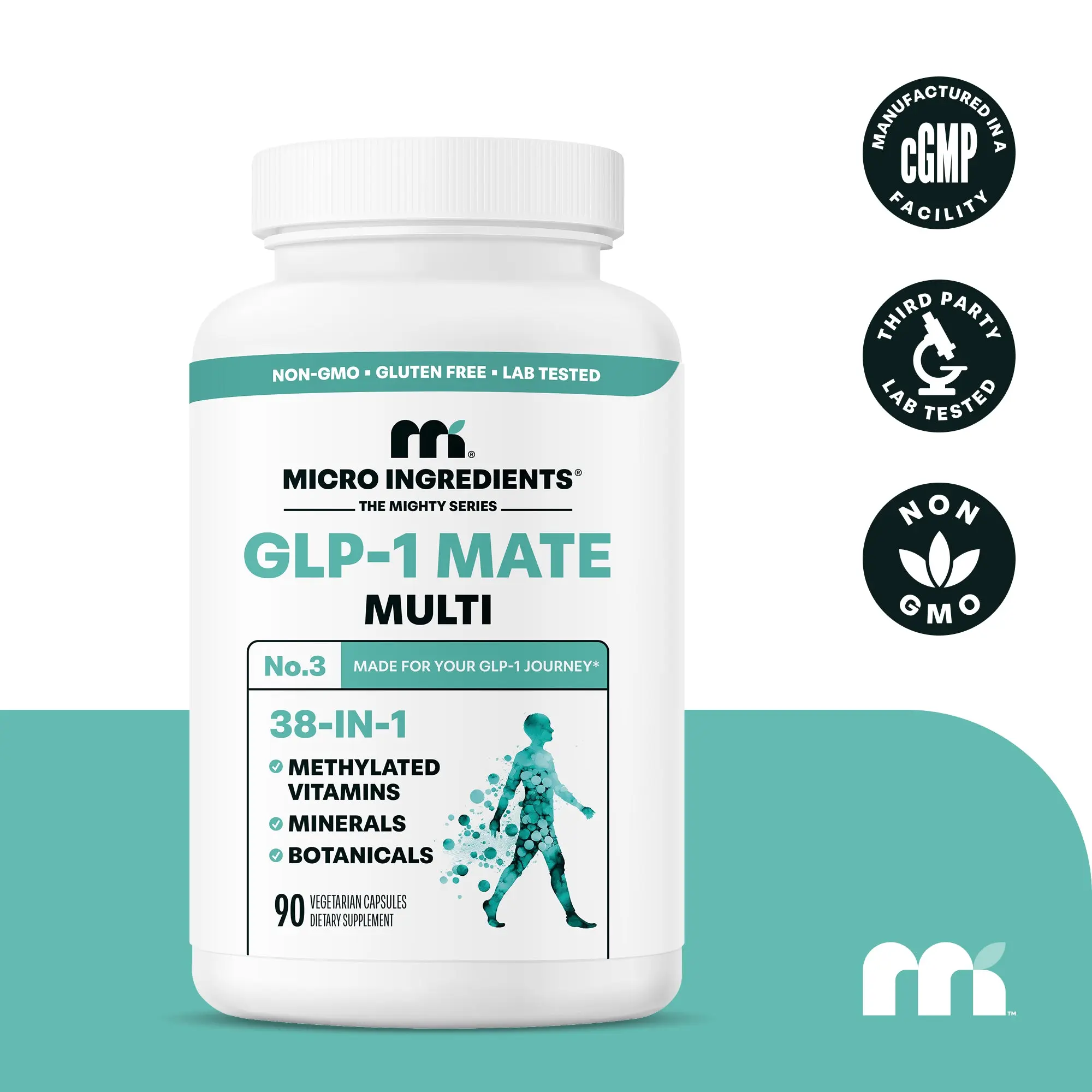Micro Ingredients GLP-1 Mate Multi - 38 in One - Methylated Multivitamin, Minerals (Magnesium, Zinc & More), CoQ10, Probiotics, Berberine & Ceylon Cinnamon, 90 Veggie Capsules