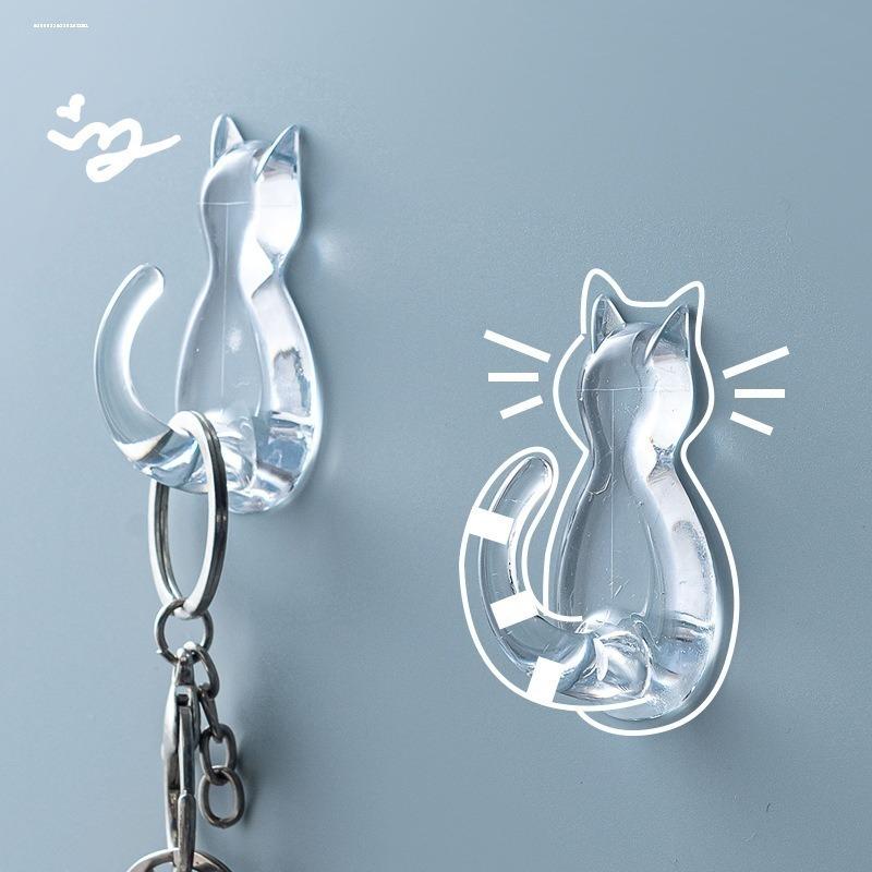 Set of 3 Adorable Clear Cat Hooks, No-Drill Wall Decor Hanger, Transparent Plastic Organizer Hook for Towels, Keys, Bags, Storage in ' Bathroom, Bedroom, And Kitchen, Utility Hooks