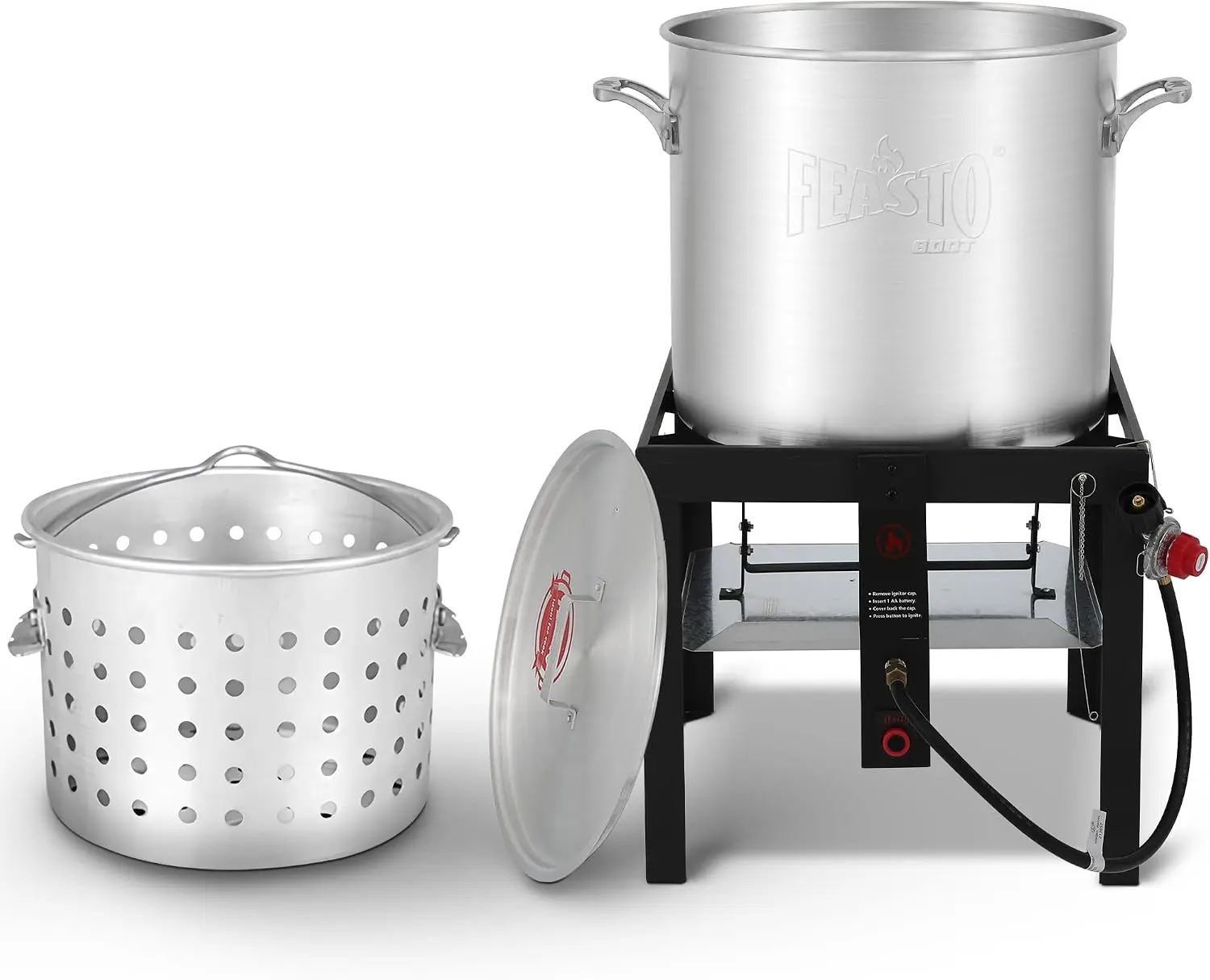 Feasto 100QT Seafood Boil Pot with Basket and Burner for Outdoor Cooking | 100QT Aluminum Seafood Boil Kit, 100,000 BTU Burner, Electronic Ignition, for Crawfish, Crab, Shrimp (Regulator Included)