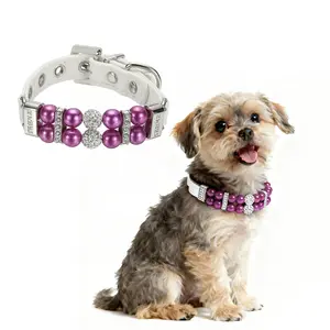 PETAXCELL Pearl Dog Collar, Bling Pearl Cat Collar Fancy Crystal Rhinestone Luxury Beaded Pet Cute Wedding Necklace Gift Diamond, (Purple, XS), Intended for Teacup /Puppies/Kitten/Small Pet