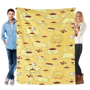 [SummerVibes] SANRIO CLASSIC Sleepy Multi Pose Custard Dessert Accent Pom Pom Purin Throw Blanket – Fluffy Velvety Warm, Multi-Scene Decor Blanket for Sweet Foodie Dorm, Camping & Pudding Themed Birthday Presents