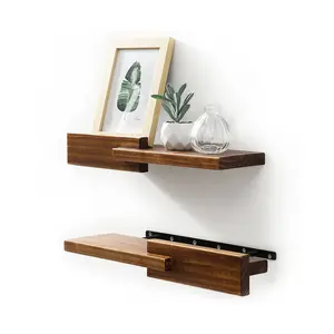 Wood Floating Shelf Set of 2, 4.5D x 15W Inch Modern Reversible Wall Shelves, Minimalism Wall Mount Hardwood Shelves, Wall Decor for Bedroom Living Room Kitchen (Walnut)