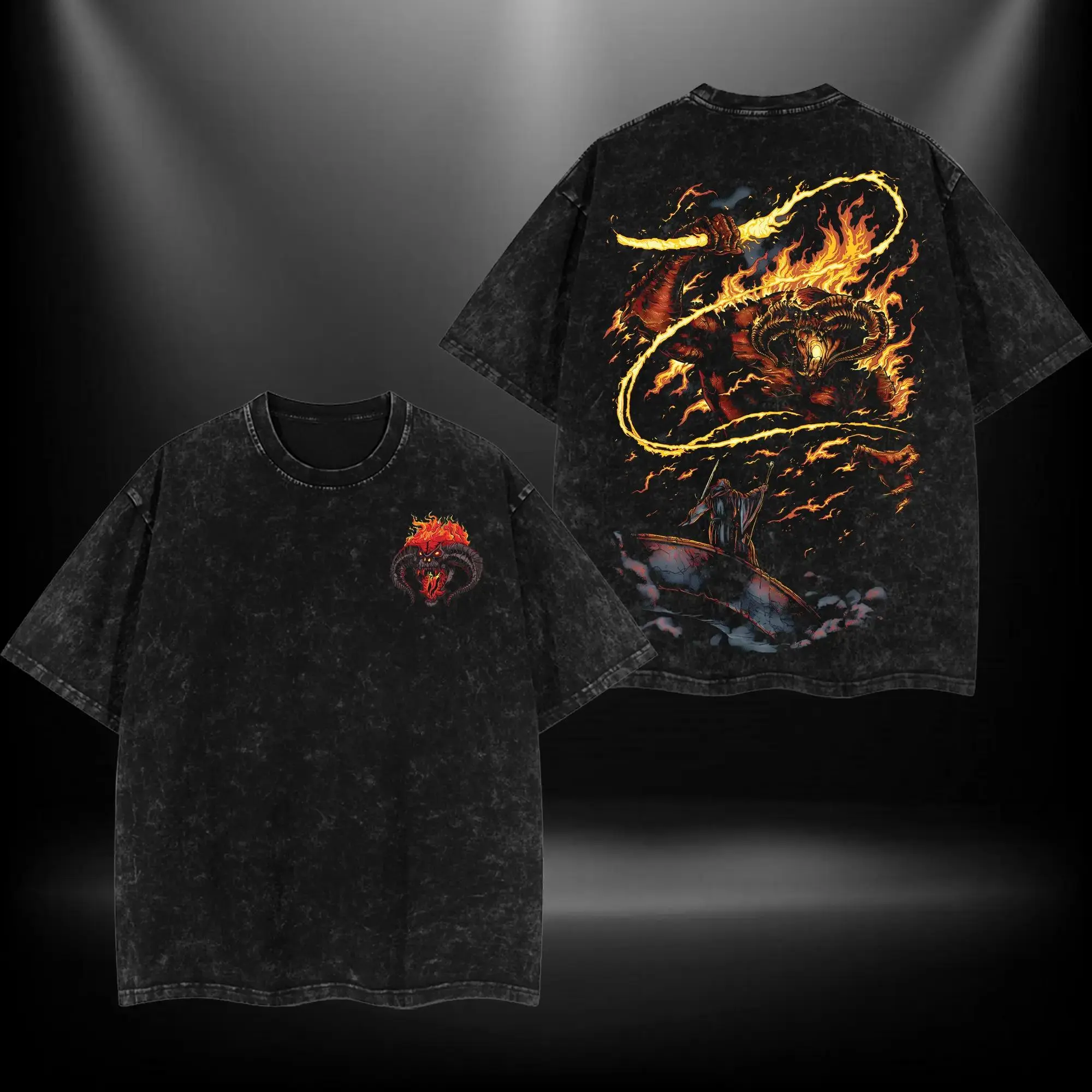 Women's LOTR Gandalf vs Balrog Graphic Oversize Lightweight Acid-Washed Smooth Handmade Garment Short-Sleeve Cotton Tee - Day Wear for Comic & Movie Lovers Gift Top