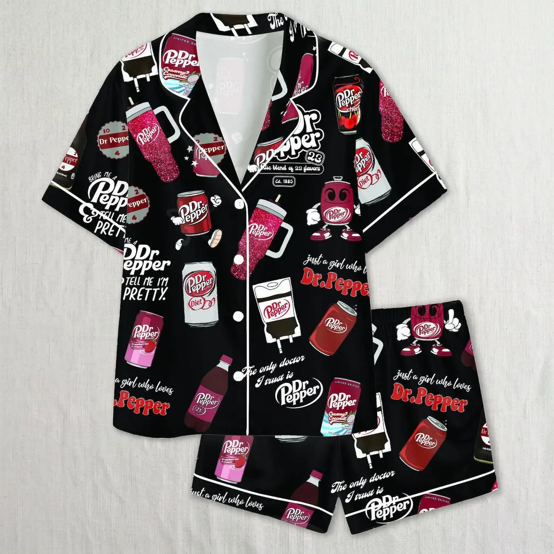 Dr Pepper Print Pajama Set for Women, Daily Drink Soda Inspired Silk Sleepwear, Button Up Lounge Shirt and Pants for Comfortable Nights, Weekends, and Relaxing at Home