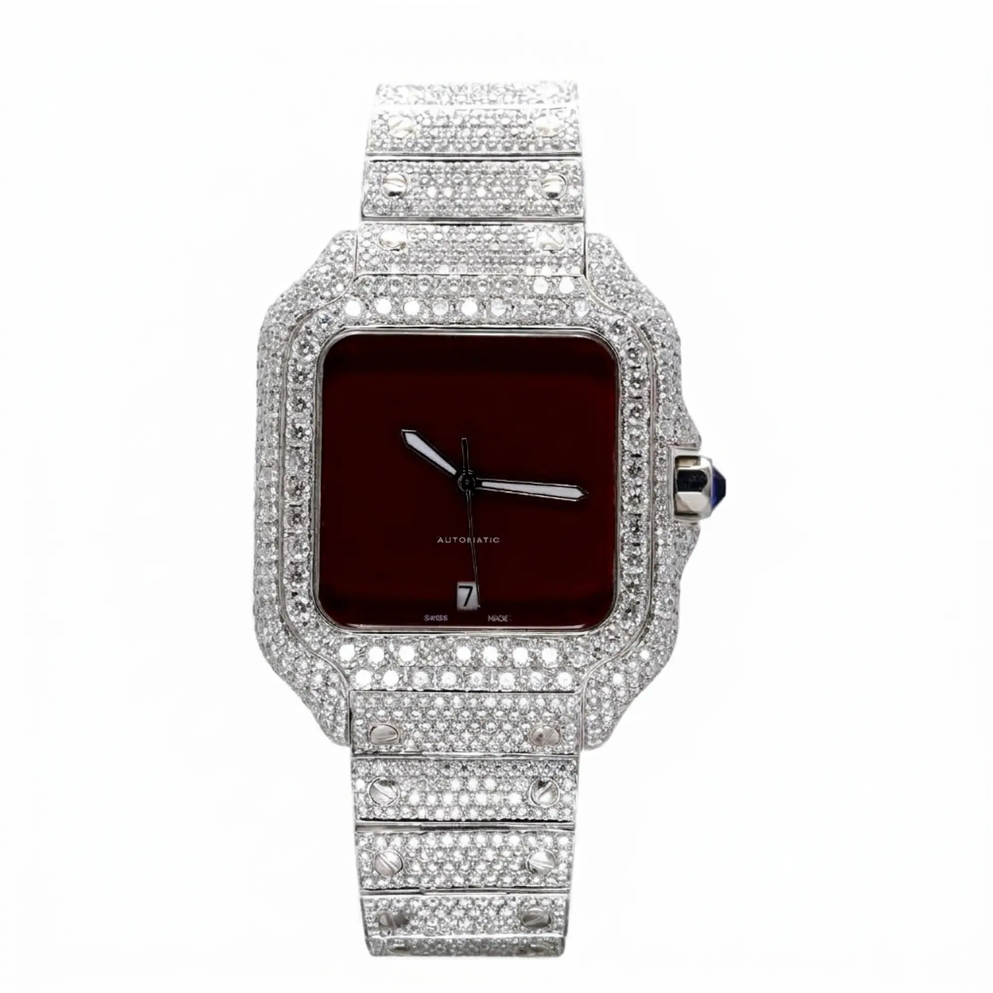 Kureight Jewel Luxury Iced-Out Men's Automatic Watch, 40mm Stainless Steel Bracelet, Deep Burgundy Red Dial, Pave Moissanite Stone, Full Pavé Gemstone Bezel, 100M Water Resistant, Date Display Window, Push-Pull Blue Crown, Hip Hop Bold Fashion Watch
