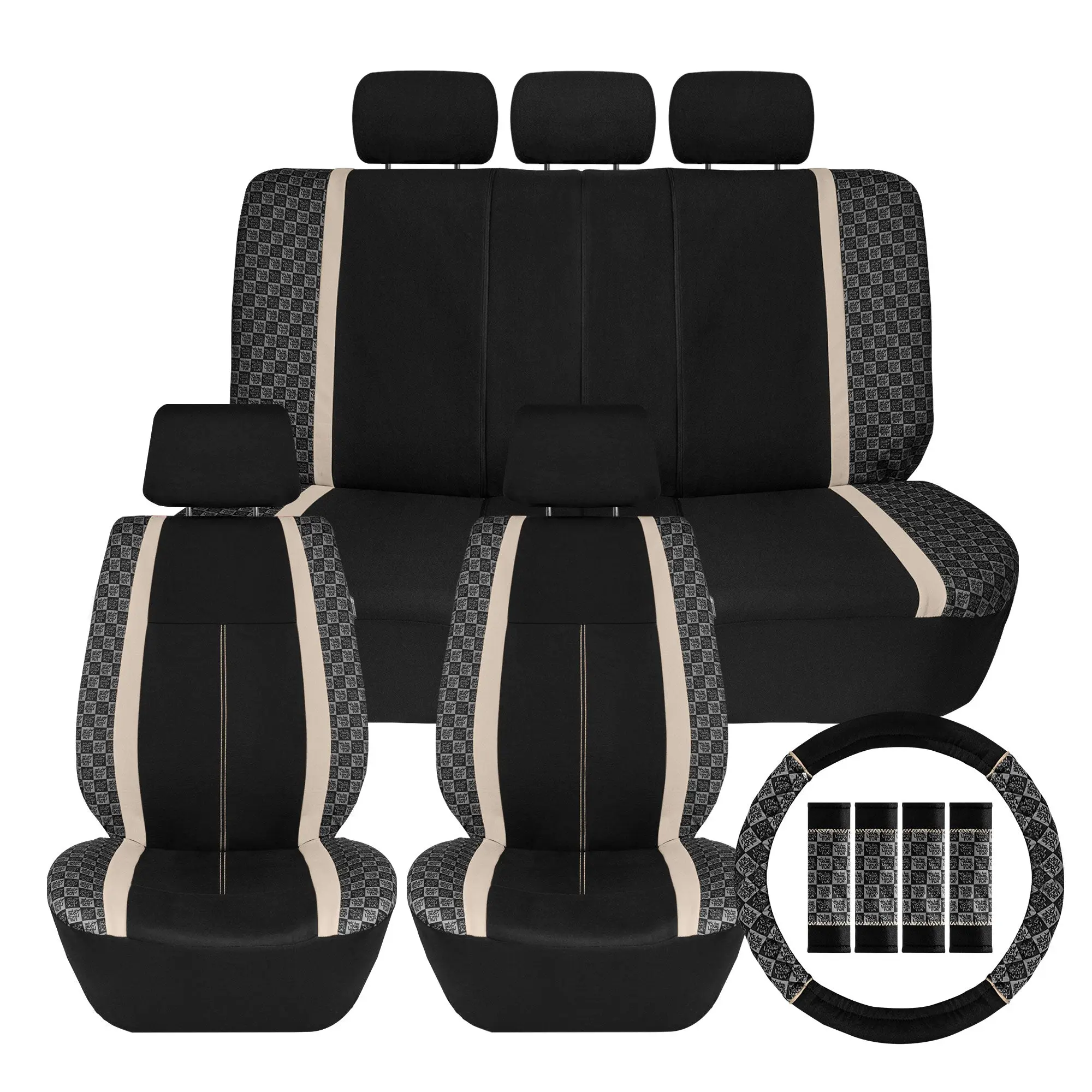 We Are Young Life is Fun Checker Printed Seat Covers - Combo Full Set Beige