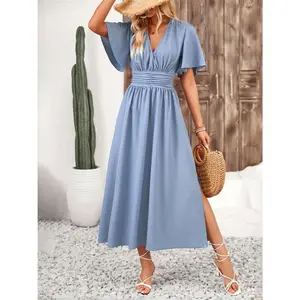 Side Slit Surplice Flutter Sleeve Midi Dress