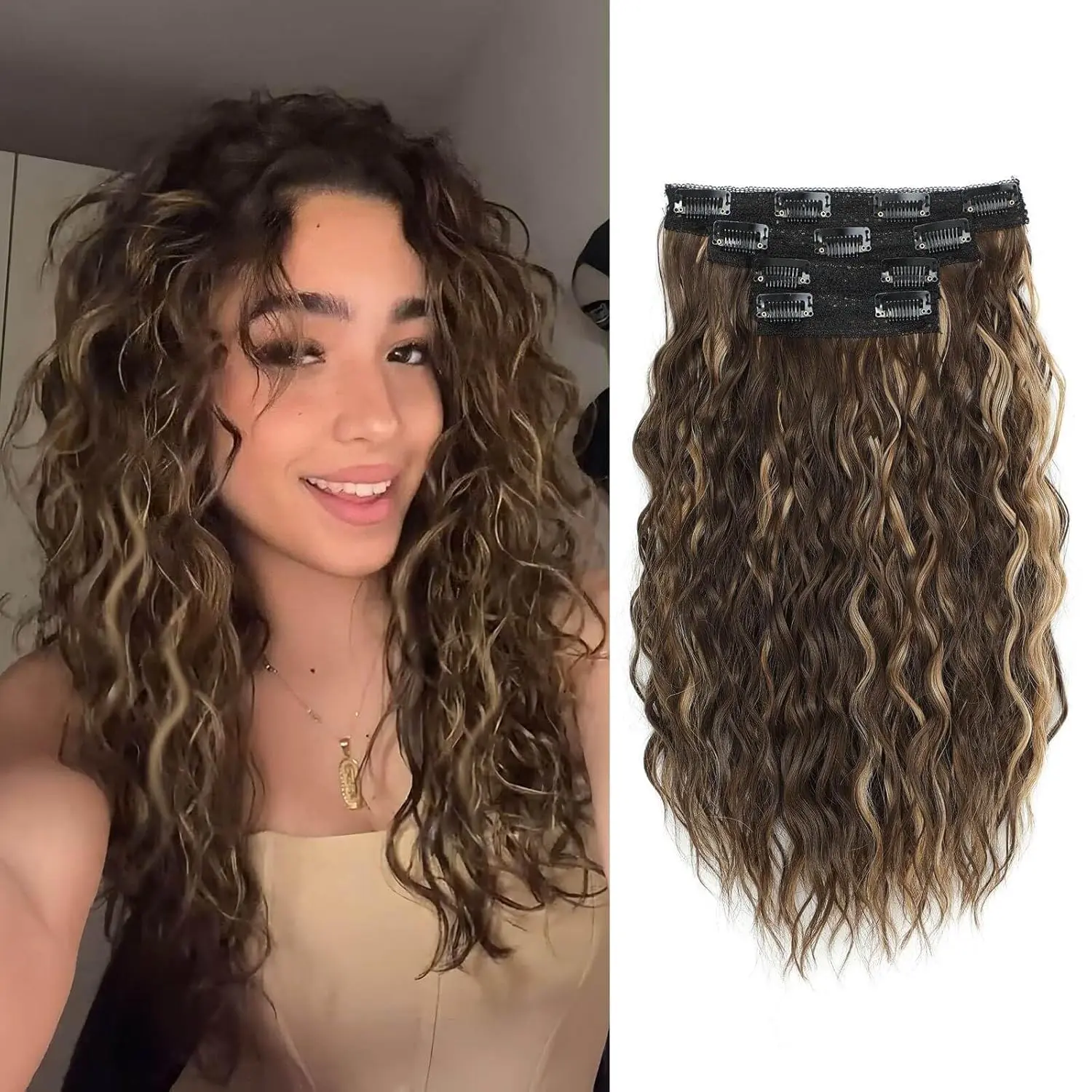 Curly Clip In Hair Extensions,4PCS Hair Extensions Short Curly Hair Extensions Seamless Lace Weft Natural Soft Mermaid Waves Hairpieces for Women
