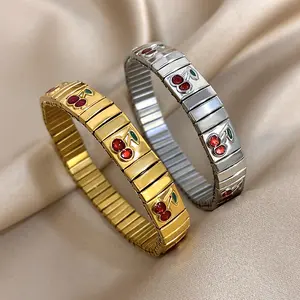 Women's Cute Red Cherry Enamel Stretch Bracelet - Gold, Silver Elastic Watch Band Bangle, Y2K Coquette Fruit Jewelry Gift men