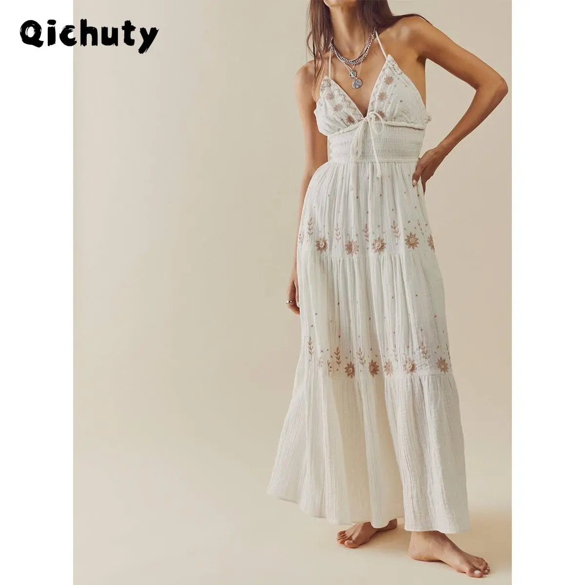 Boho Flowy Maxi Dress for Women Spaghetti Strap Open Back Embroidered Tiered Swing Summer Long Dress Casual Cotton Fashion Embroidery Womenswear Outdoorfun - TikTok Shop Boho Flowy Maxi Dress for Women Spaghetti Strap Open Back Embroidered Tiered Swing Summer Long Dress Casual Cotton Fashion Embroidery Womenswear Outdoorfun - TikTok Shop