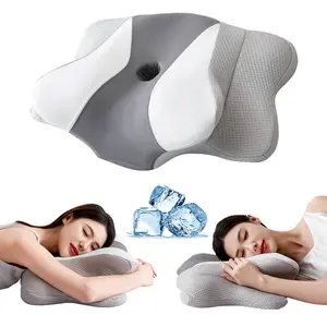 Cooling butterfly contour memory foam pillow with ear openings for breathability and neck support, suitable for side and back sleepers