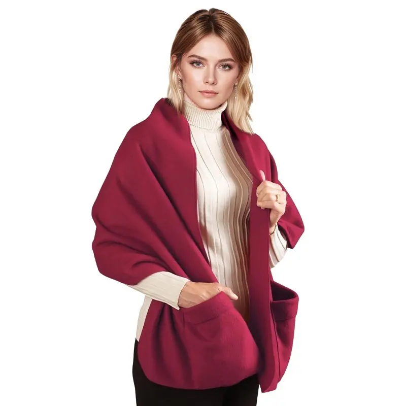 Women's Simple Heavyweight Plain Solid Color Fleece Scarf - Cape-Shape Multifunctional Large Winter Shawl Wrap with Cozy and Warm Feel, Warm Pockets for Layering and Adding Warmth