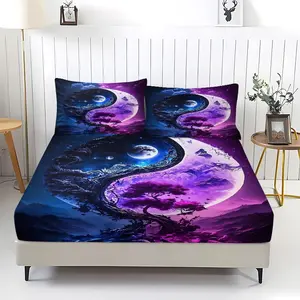 3Pcs Yin-Yang Tree Cosmic Fitted Sheet Set, Decorative Bedding, Features a Tai Chi Symbol Interwoven Bedding Set with Tree of Life and Starry Sky Theme Includes 2 Pillowcases (Pillow Inserts Not Included)
