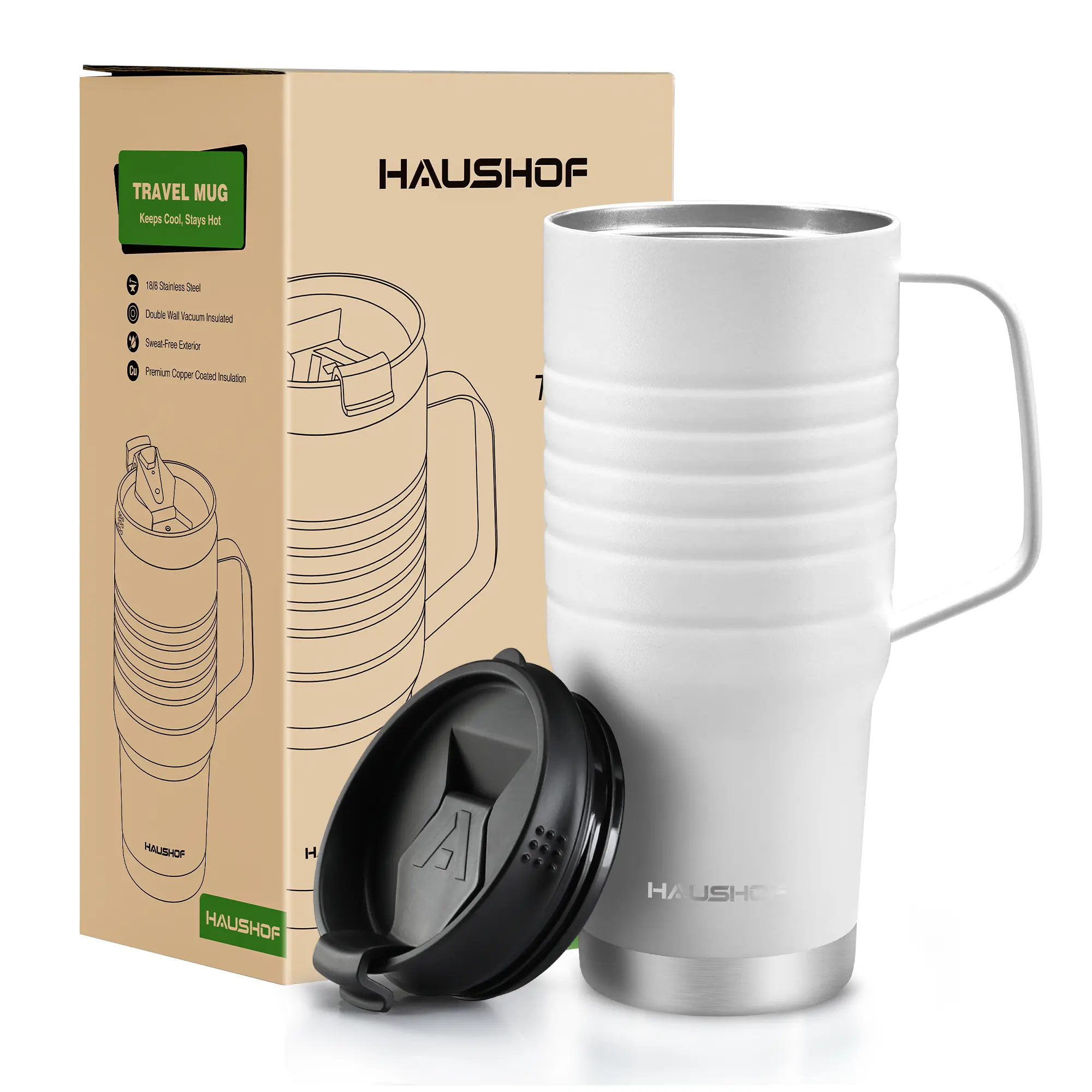#summersale HAUSHOF 24 oz Travel Mug with Handle, Stainless Steel Vacuum Insulated Coffee Mug, Double Wall Travel Mugs with Leakproof Lid, BPA Free