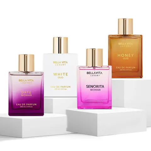 The Showstopper by BellaVita Luxury | Honey Oud, White Oud, Senorita & Date | 4 x 3.4 Fl.oz (100ml) Perfume Set | Women’s Everyday & Party Wear | Long-Lasting Eau De Parfum | Premium Gifting Bestseller