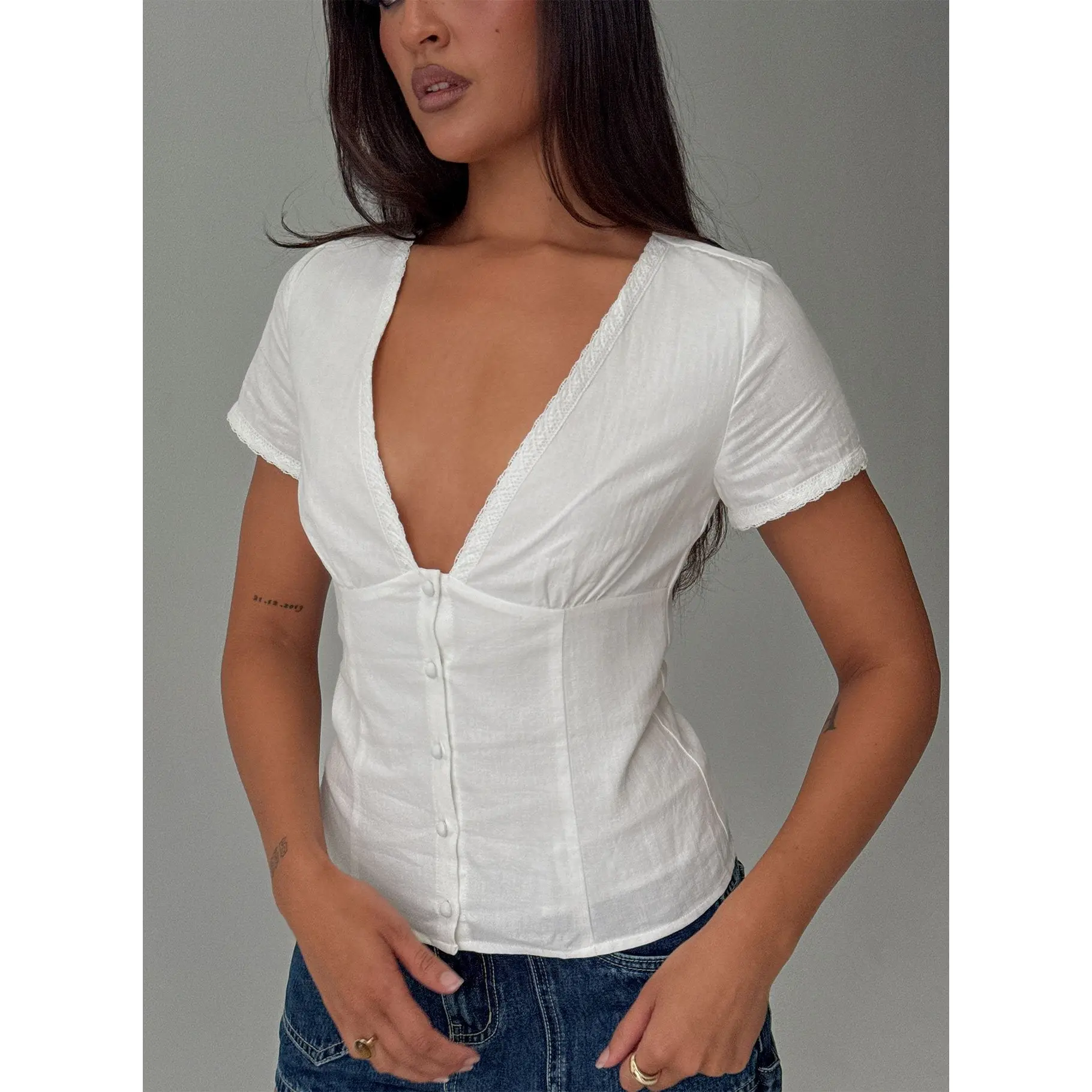 Small Fortune Lace Trim Short Sleeve Blouse Top White