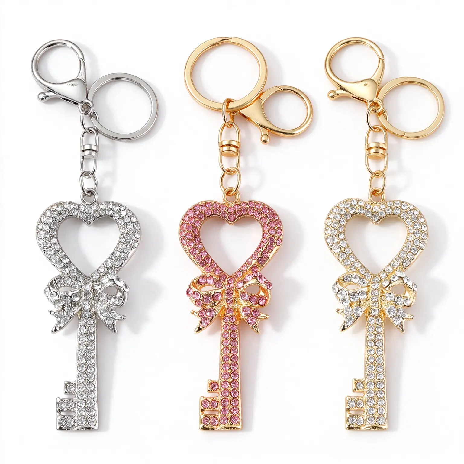 Bow Heart Rhinestone Keychain - Silver + Pink + Gold