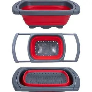 Collapsible Colander Strainer with Extendable Handles - Over the Sink Vegetable/Fruit Colanders Strainers for Kitchen, Capacity of 6 quart (Red)