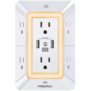 Multi Plug Outlet Surge Protector POWRUI 6 Outlet Extender with 3 USB Ports (1 USB C) and Night Light, 3-Sided Power Strip with Adapter Spaced Outlets