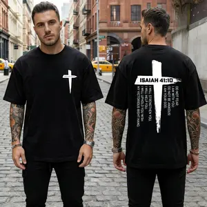Men's Heavyweight 230G Double-Sided Washed Cotton T-Shirt with Vintage Bible Verses & Cross Print - Anti-Wax Technology, Relaxed Fit Short Sleeve Religious Apparel, Durable Casual Wear for Church, Bible Study & Outdoor heavyweight pure cotton t-shirt vint