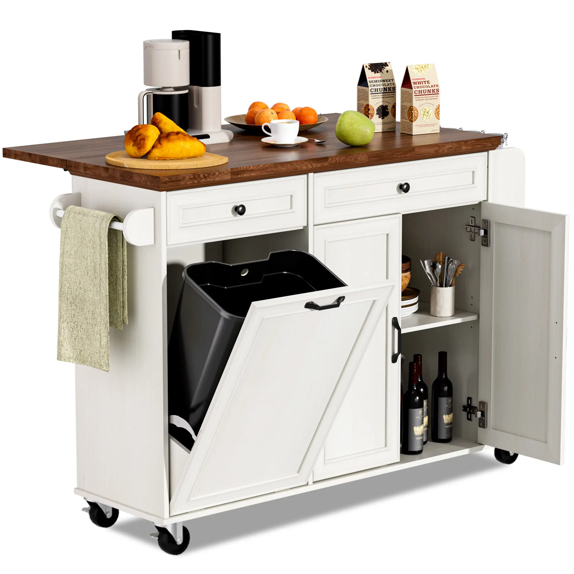 【Does Not Include Trash Can】 Spurgehom Multifunctional 47” Kitchen Island on Wheels: Features Hidden Trash Storage, Drop-Leaf Countertop, 3-Tier Spice Rack & 2 Drawers. Mobile Cart with Locking Casters for Flexible Kitchen Space summervib homeessentials
