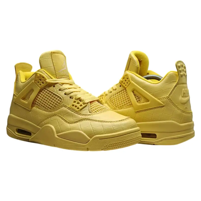Solid‑Yellow Croc‑Textured Mid‑Top Basketball Sneakers, Breathable Mesh Design, Wear‑Resistant Thick Sole, Unisex Retro Trend Sport Shoes