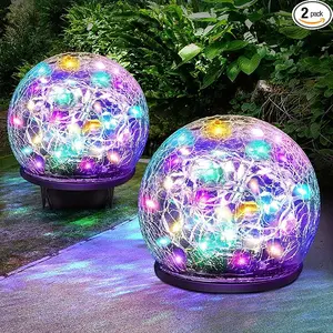 2 Pack Garden Solar Lights Outdoor Decorative, 50 LED Colored Cracked Glass Solar Globe