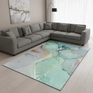 HomeRoots 646846 10' x 14' Indoor Teal-Gold-Ivory Abstract Machine-Washable Machine-Made Rectangle Area Rug with UV Protection, Non-Slip, Stain Resistant