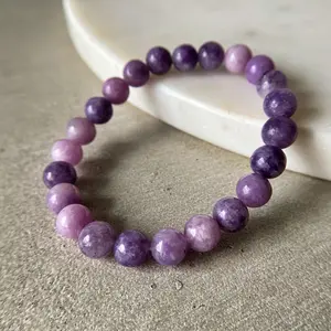 Natural Lepidolite Stone Beaded Bracelet 8mm Purple Gemstone Stretch Bracelet Handmade Boho Style for Men Women Daily Use Elastic Trendy Stack Bangle