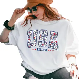 (FAUX EMBROIDERED-PRINT) Comfort Colors Floral USA Shirt, Digital Print, Not Embroidered, vinyl ink, Retro America Shirt, 4th Of July PNG, 4th Of July, Retro USA ,Soft Cotton, Unisex Fit, Classic Design Oversized Womenswear - HARSIN casual top