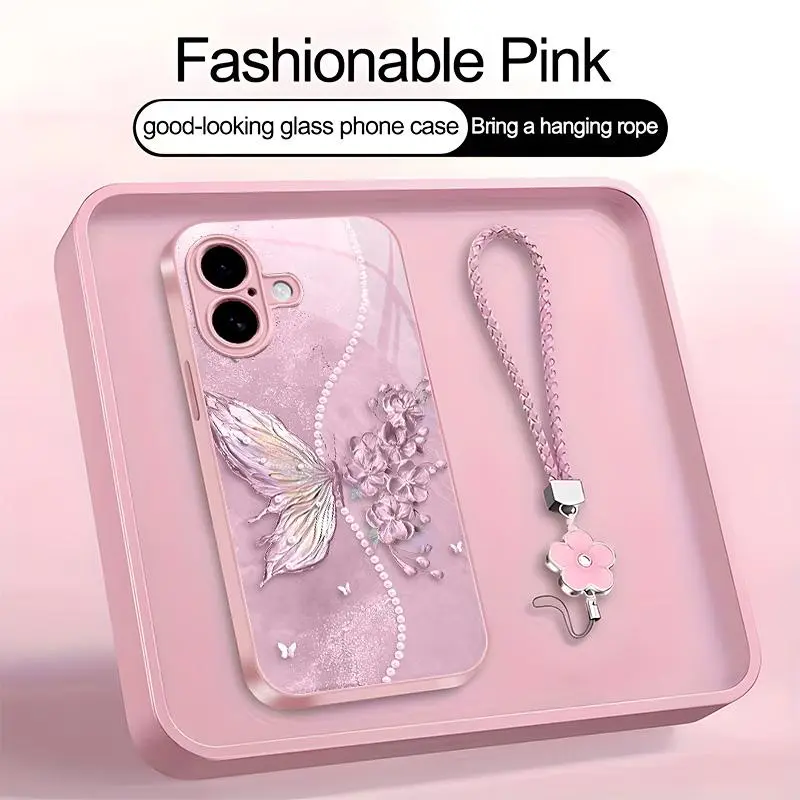 Suitable for [iPhone 16] high-end phone case，a beautiful four-leaf clover lanyard is included,exquisite and dreamy butterfly pattern,a variety of colors are available for you to choose from YM99