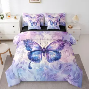 Butterfly 7 Piece Bedding Set,Purple Blue Butterfly Flower Comforter Set for Teens Kids Bedroom Bohemian Trippy Bed Set,Garden Botanical Sheets Rustic Farmhouse Quilt Soft Warm