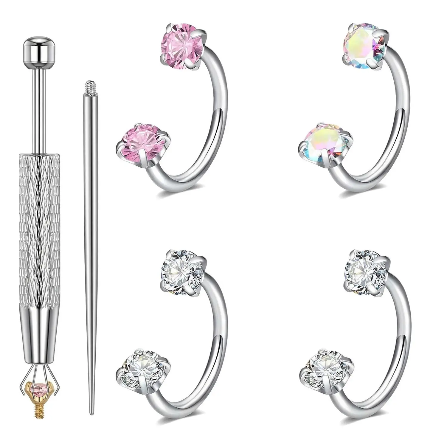 20G Horseshoe Nose Ring for Women, 4pcs 316L Medical-grade Titanium Steel Horse Shoe Nose Ring Hoop, Internally Threaded Double Gems Nose Ring with Free Ball Holder & Guiding Needle