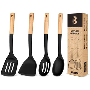 Silicone Cooking Utensils Set, Perfectly Angled for Frying, Mixing,Serving,Draining,Turning and Stirring, BPA-Free Matte Silicone, Wood Handles, Safe for Nonstick Cooking Surfaces,4 Pack