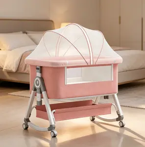 Pink 6-Level Height Adjustable Baby Bedside Bassinet, Rocking Baby Crib with Breathable Mesh, Mattress, Wheels, Mosquito Net & Storage – Newborn Sleep Bed